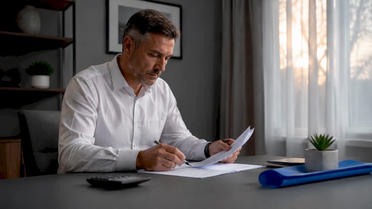 Landscaper reviewing printed invoices at desk