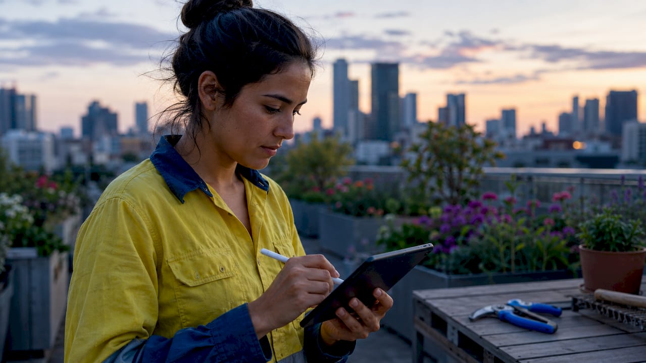 Female landscaper sending invoice outdoors