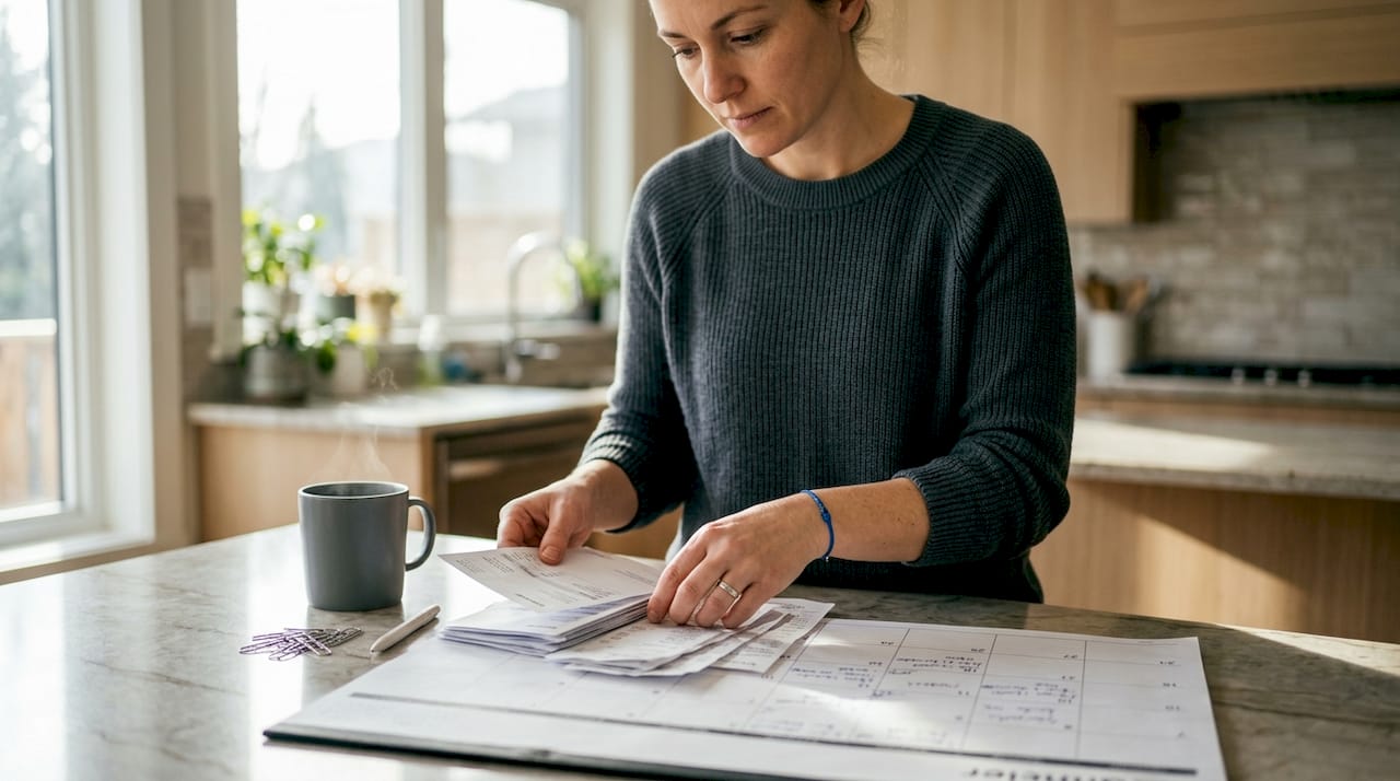 Small business owner organizing invoices at desk