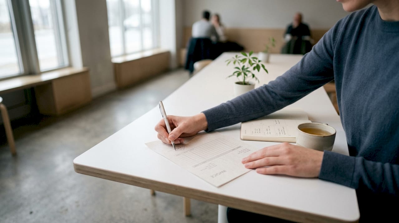 Hands signing invoice on wooden table