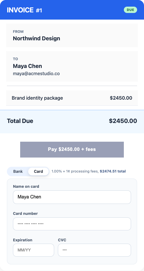 Tendr.me payment request showing invoice details and card payment form