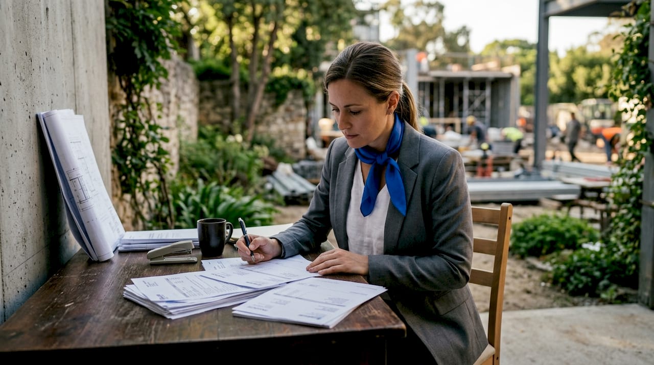 Project manager reviewing construction billing paperwork