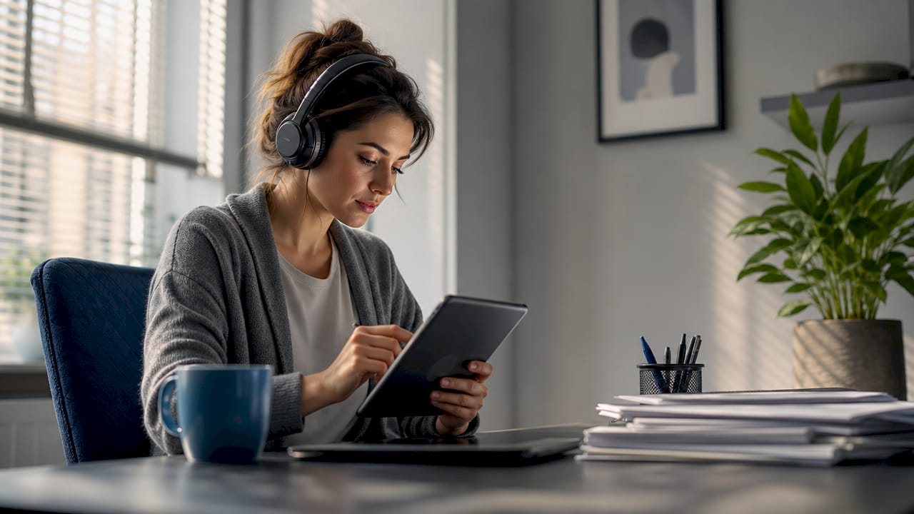 Freelancer sending digital payment request at home