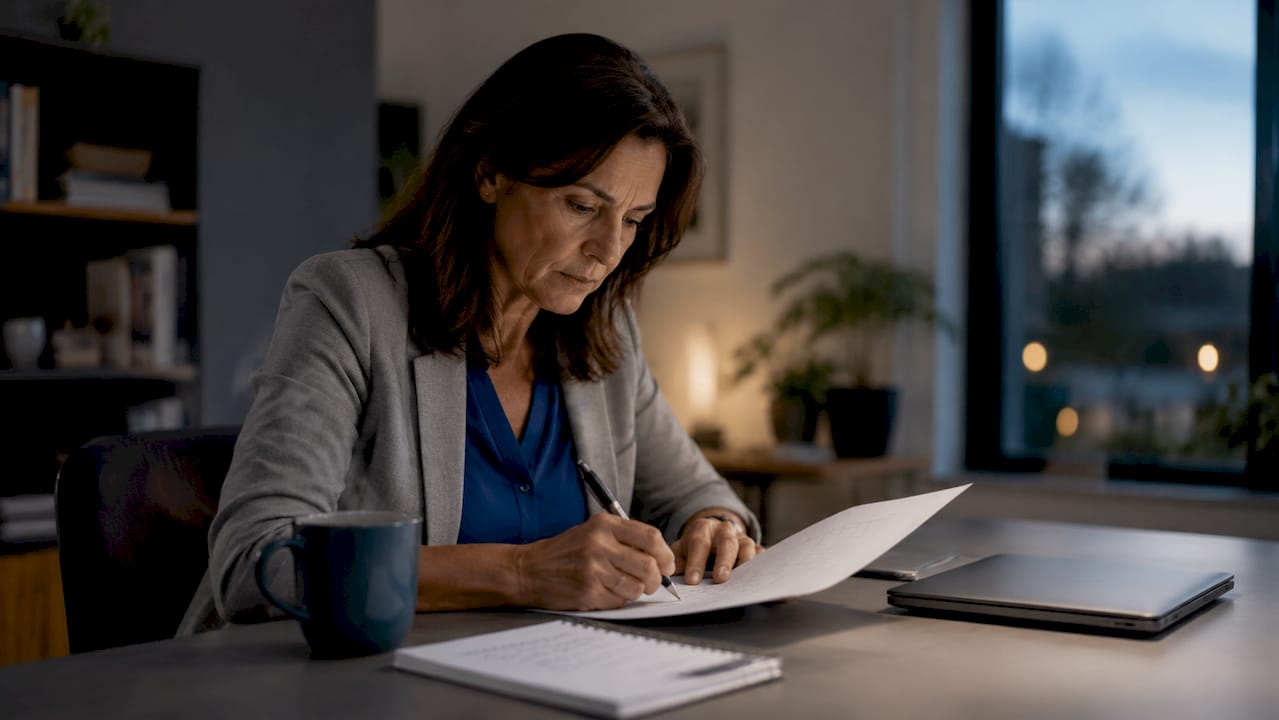 Woman reviewing invoice payment terms at desk