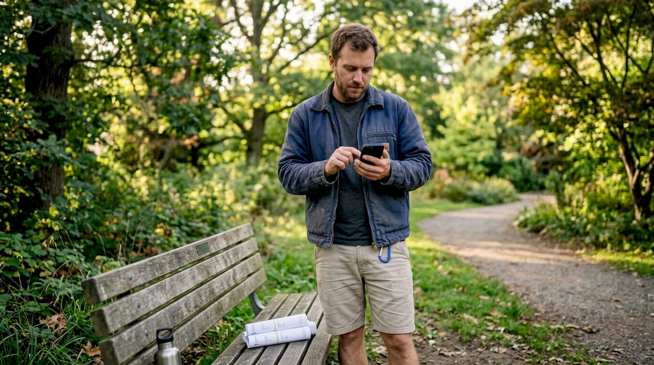 Landscaper tracking payments on smartphone outdoors