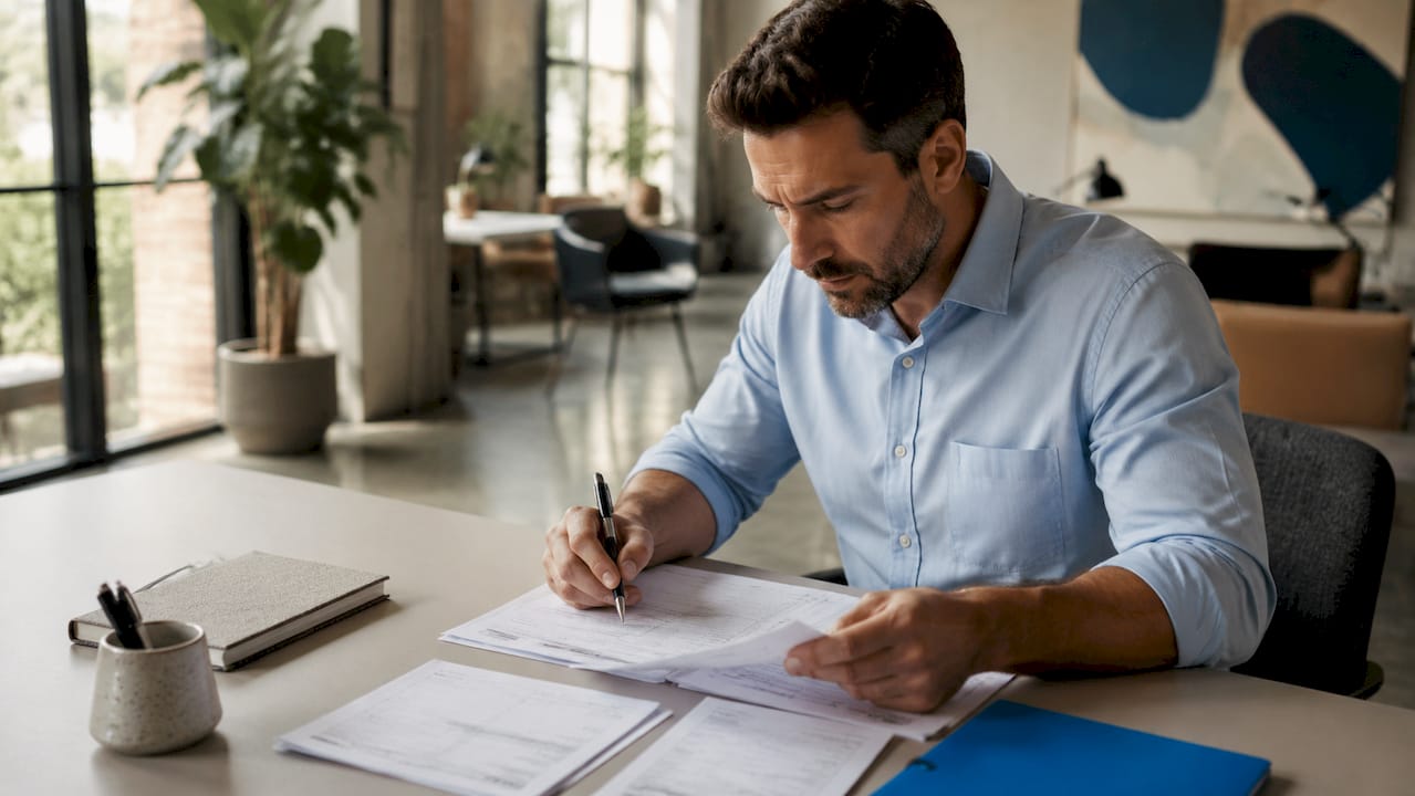 Small business owner reviewing invoices and payment records