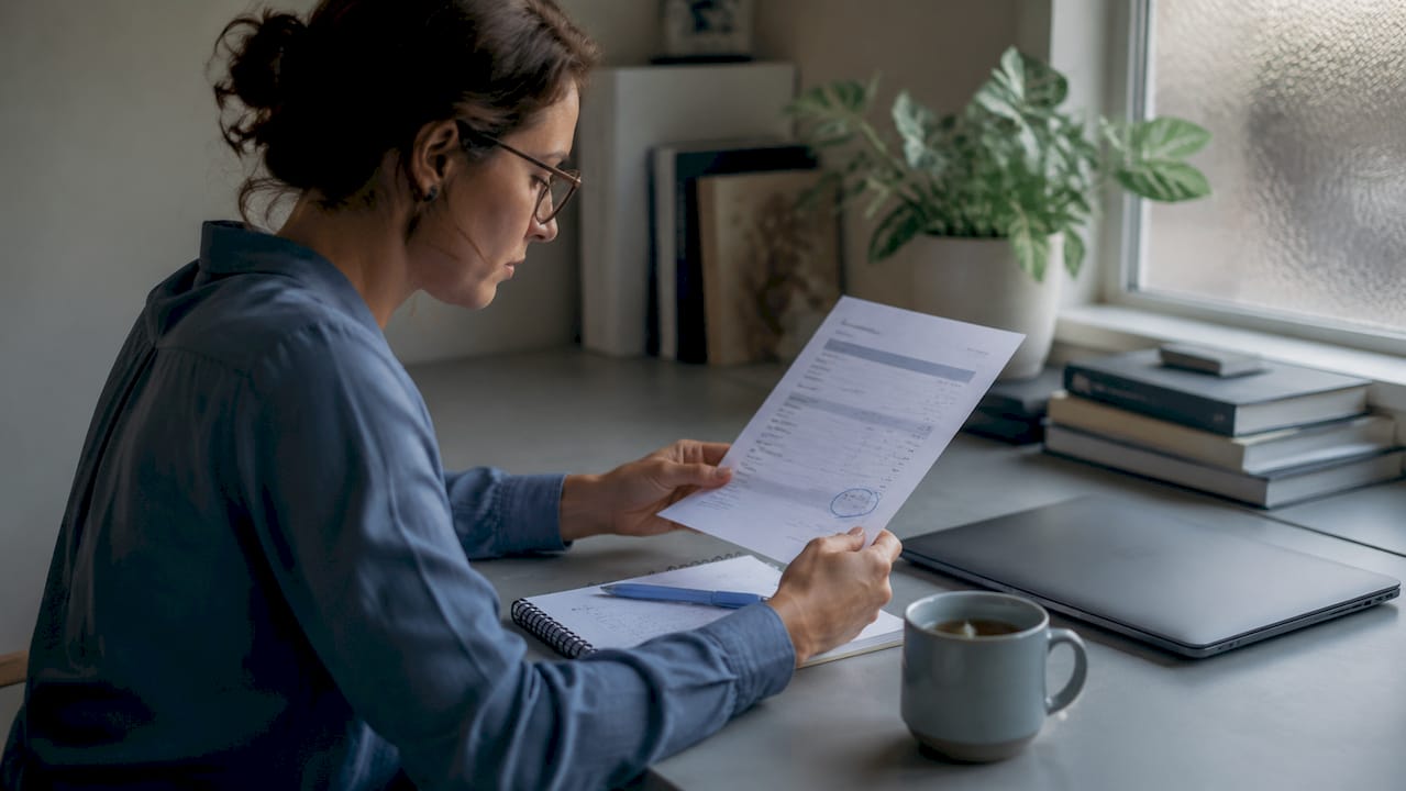 Woman reviewing payment due date on invoice