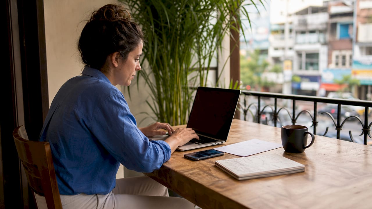 Freelancer using laptop creating payment link