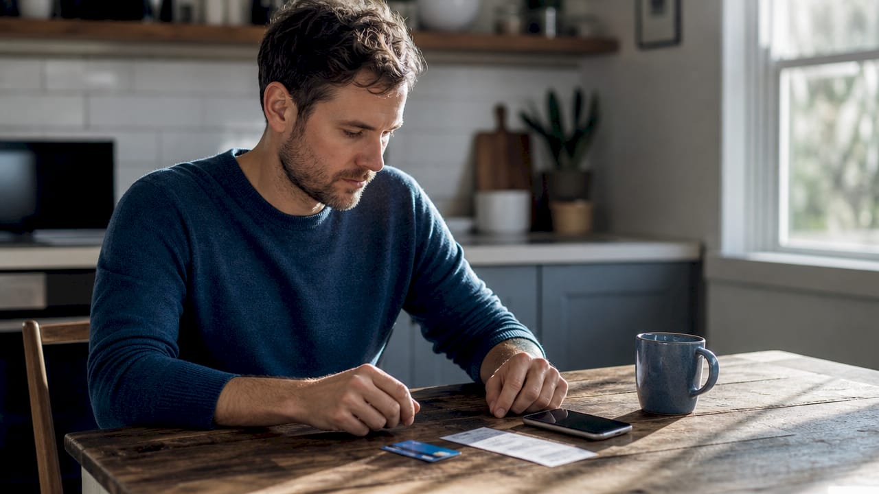 Hands near smartphone and payment items on desk