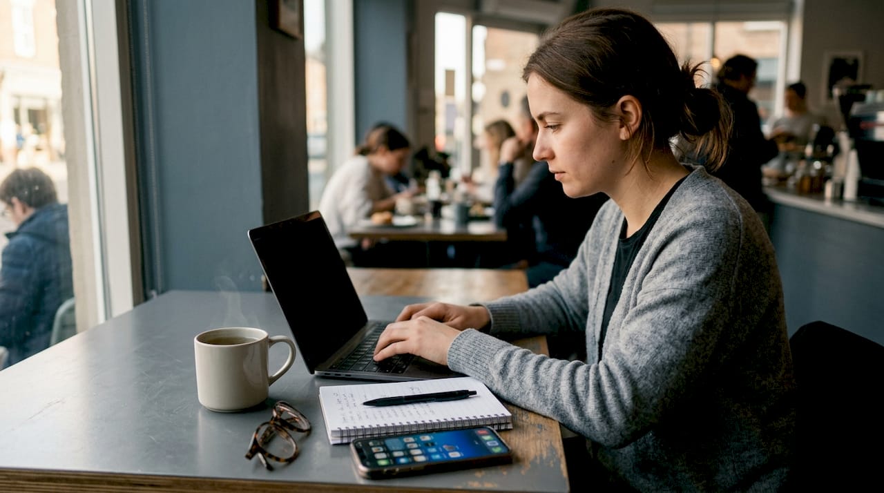Freelancer composing payment request email at home