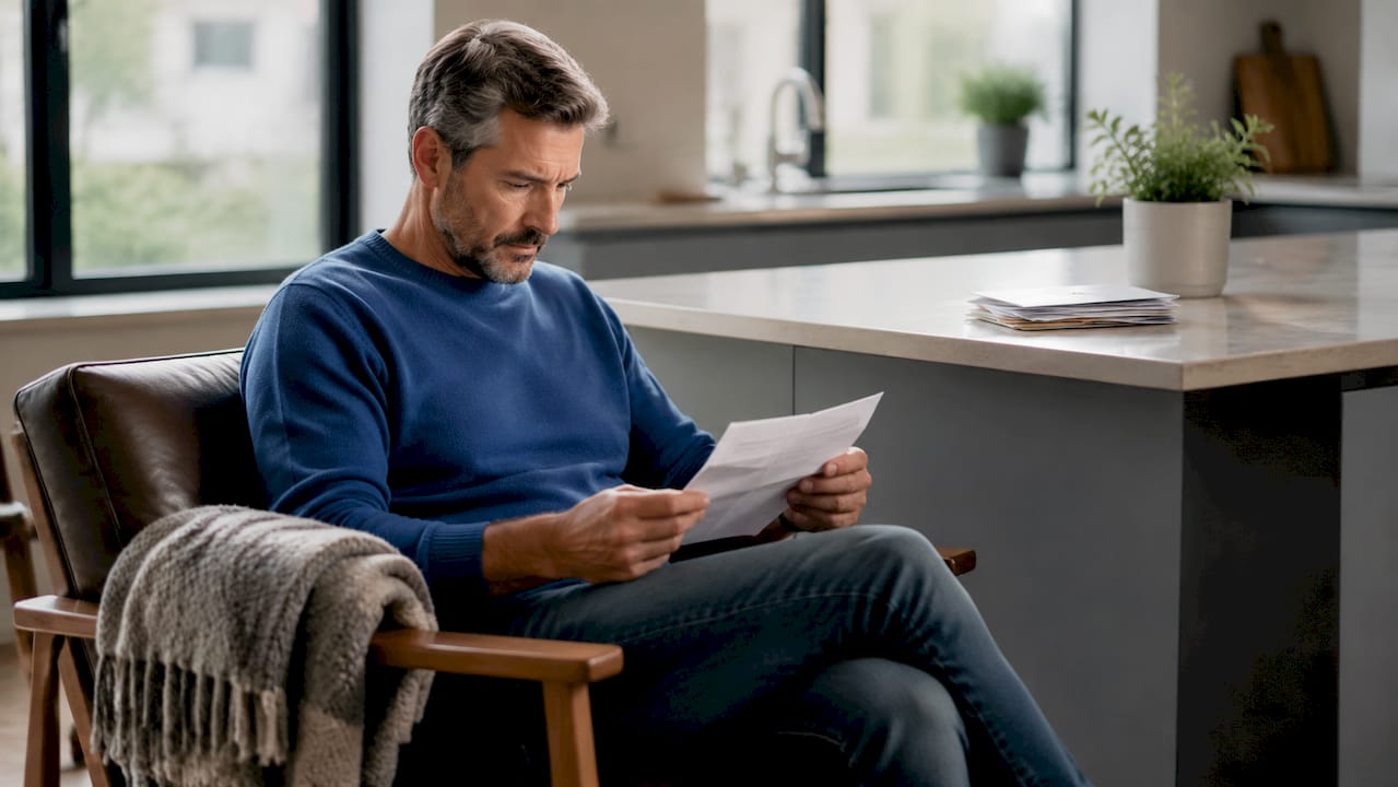 Man reading bill in living room setting