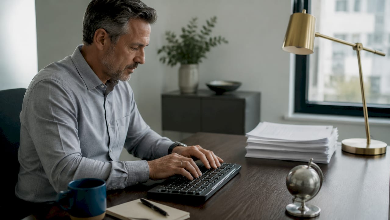 Hands typing invoice details on keyboard
